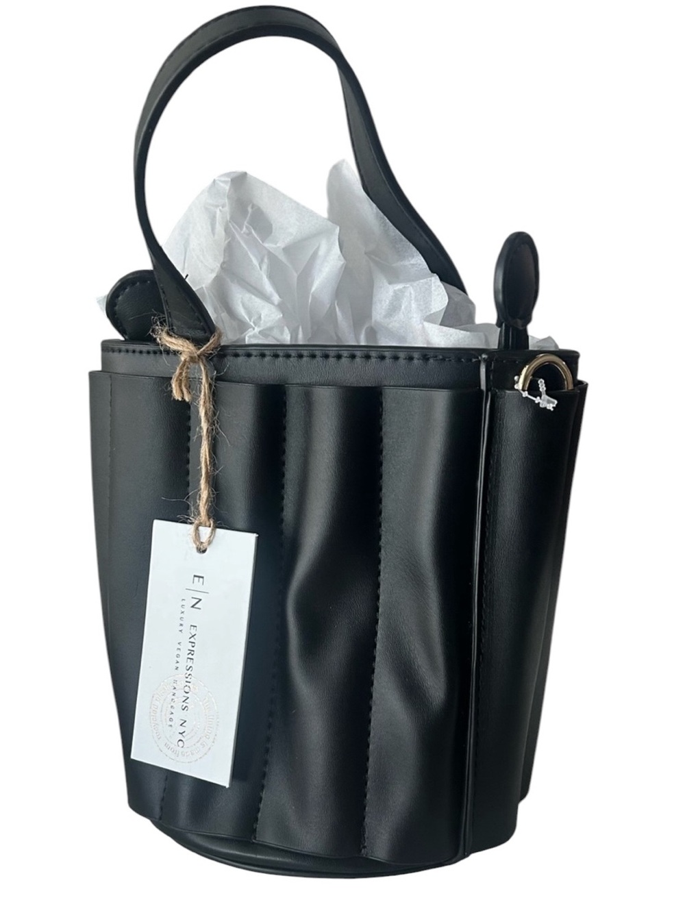 NWT E/N Expressions NYC Luxury Vegan Handbag Drawstring Bucket Bag Black